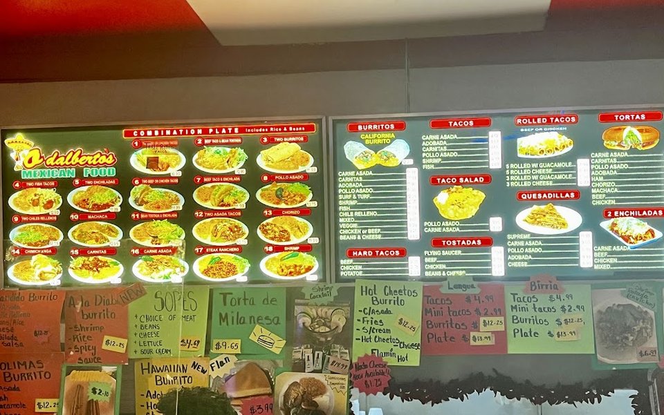 Menu layout showing quesadillas, tortas, and enchiladas.