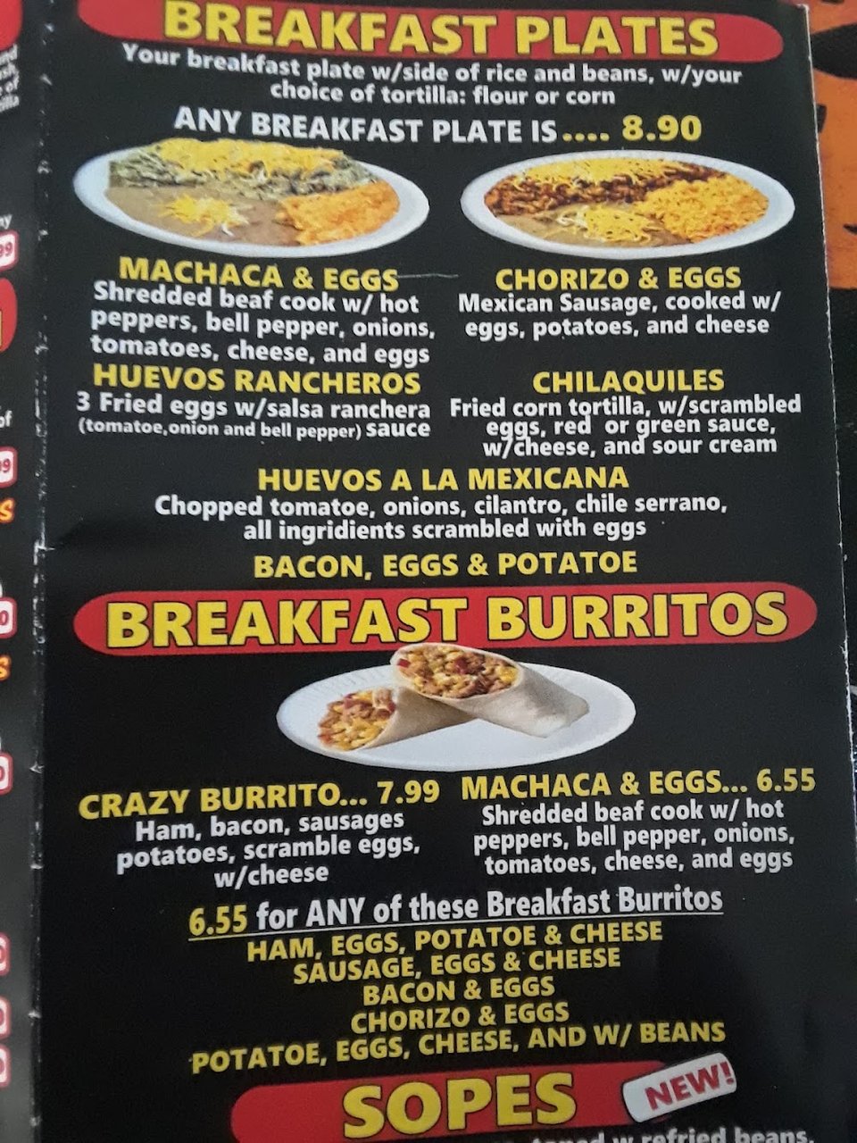 Mexican menu featuring tacos, salads, and tostadas.